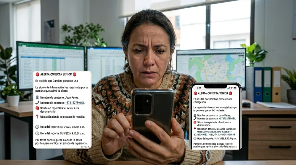 Familiar recibiendo alerta de emergencia Conecta Senior