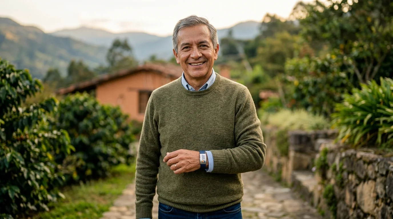 Senior con manilla Conecta Senior en paisaje colombiano
